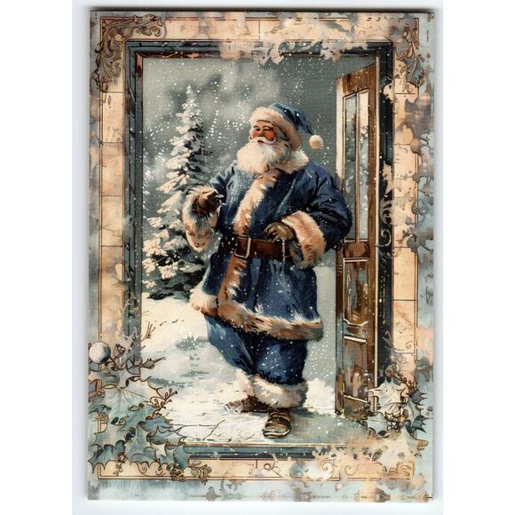 Vintage Christmas Postcard Blue Coat Santa Claus Snowy Winter Scene 5.5x4" - Picture 1 of 2